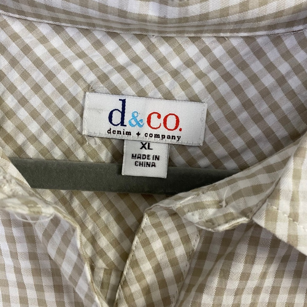 Denim & Co Womens XL Gingham Shirt Dress Tan White Cotton Short Sleeve Belted - Picture 3 of 8